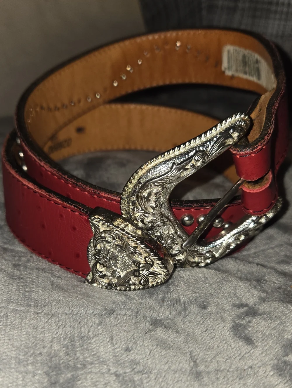 Tex Tan-Red Cowhide Western Belt with Stud and Floral Details-Size Medium